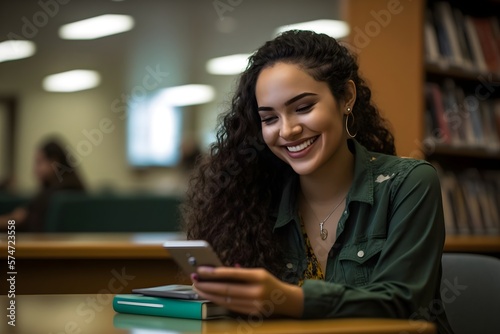 Happy girl learning in library, enjoying time on smartphone, decent lighting, photorealistic 