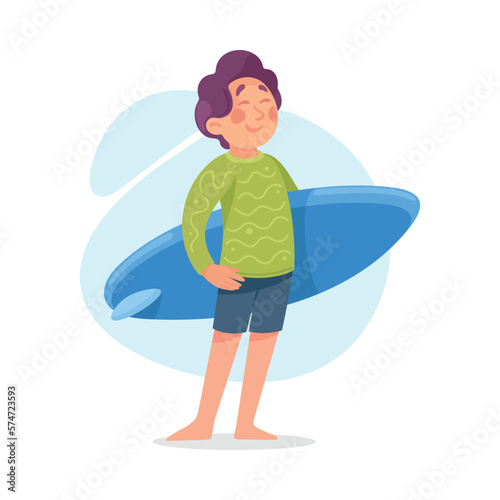 Funny Boy Standing with Surfboard Doing Water Sport Activity Vector Illustration © Happypictures