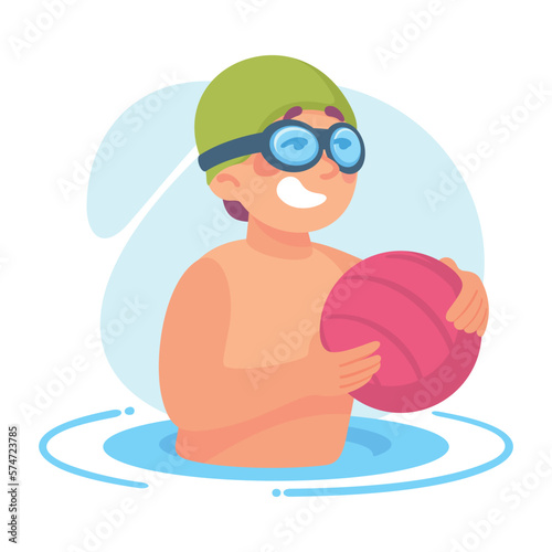 Funny Boy Playing Polo with Ball Doing Water Sport Activity Vector Illustration