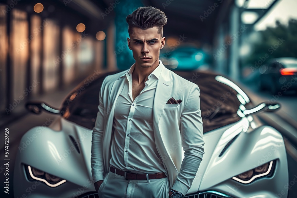 Incredibly rich and attractive young millionaire man in white posing in ...