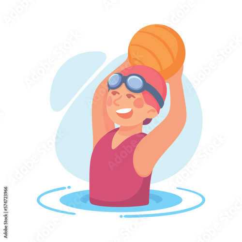 Funny Boy Playing Polo with Ball Doing Water Sport Activity Vector Illustration