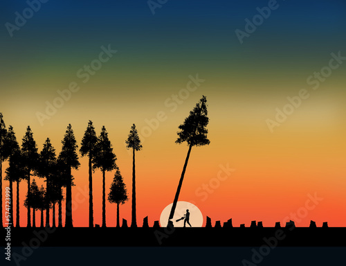 A man with a chainsaw cuts a tree and stumps are seen. Clear cutting forests  use or abuse of natural resources is the topic of this illustration. . This is an illustration.