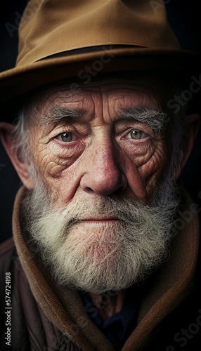 Portrait of old white man with wrinkles and beard wearing a hat looking straight into the camera, illustration generative AI