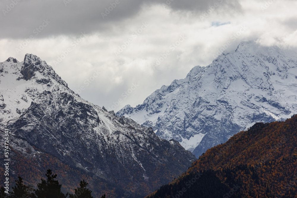 mountain nature view of rocks and valley. beautiful natural landscape. autumn in mountains. hiking and trekking trips. solitude and retreat in wilderness. autumn background