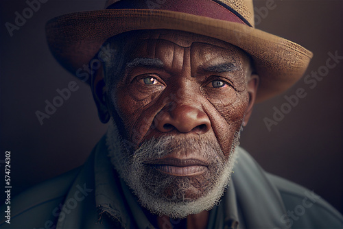 Portrait of old black man with wrinkles and beard wearing a hat looking straight into the camera, illustration generative AI