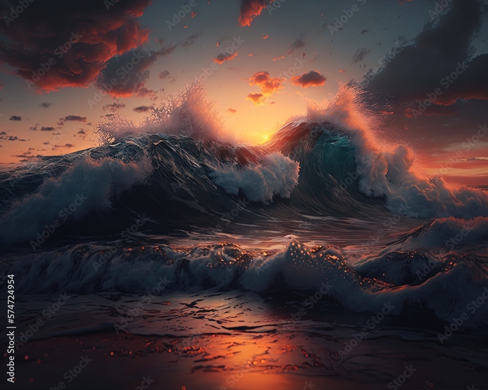 sunset landscape with raging ocean , ai generated