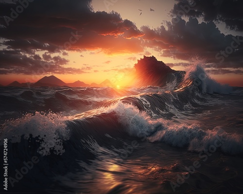 sunset landscape with raging ocean , ai generated