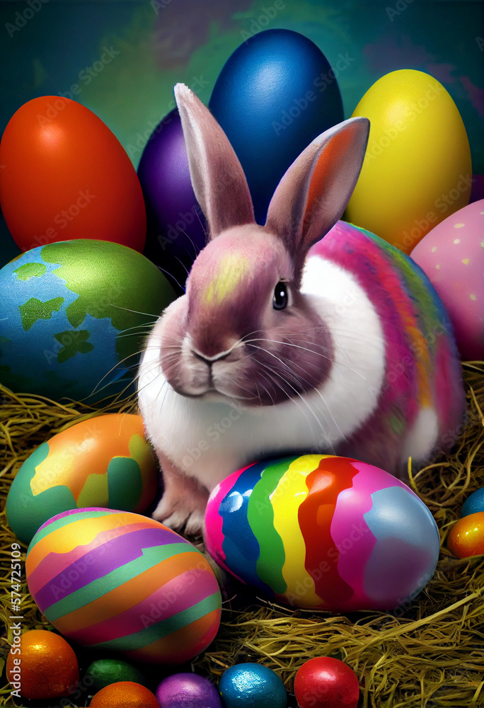 Bunny with a lot of bright Easter eggs. AI generated