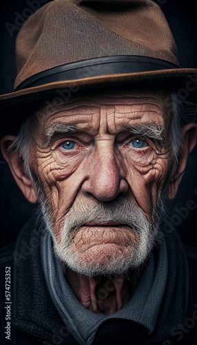 Portrait of old white man with wrinkles and beard wearing a hat looking straight into the camera, illustration generative AI