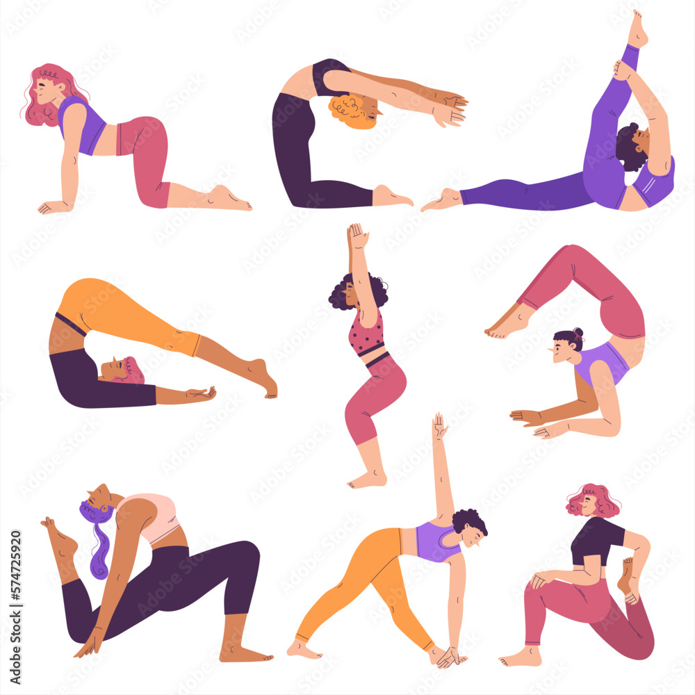 Young Woman Character Yoga Practicing Standing in Asana Vector Set