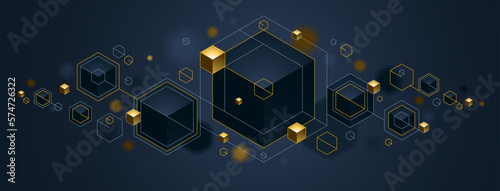 Cubes cluster with golden elements lines and dots vector abstract background, 3D abstraction vip luxury style, jewelry classy elegant geometric design, shiny gold.