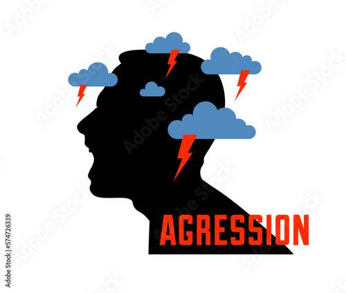 Anger, aggression and psychosis mental health and high anxiety vector conceptual illustration or logo visualized by man face profile shouting and screaming, dark clouds over his head.