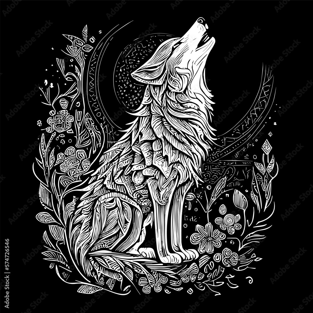 Fototapeta howling wolf illustration typically depicts a wolf with its head tilted up towards the moon, emitting a haunting and powerful howl. It symbolizes strength, loyalty, and wildness