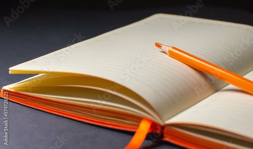 An open blank page of a diary with an orange pencil on a black table. The concept of an expensive stylish office, planning a new day. Selective focus. 