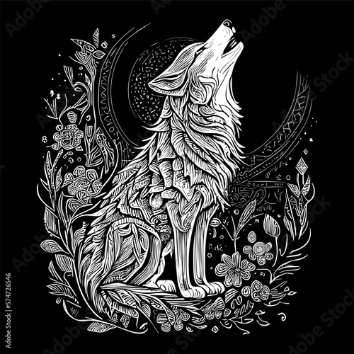 howling wolf illustration typically depicts a wolf with its head tilted up towards the moon, emitting a haunting and powerful howl. It symbolizes strength, loyalty, and wildness © AGSTRONAUT