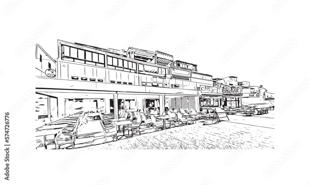 Building view with landmark of Playa Blanca
is the town in Spain.
Hand drawn sketch illustration in vector.