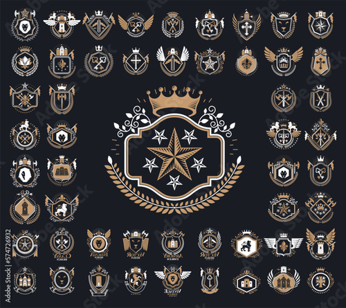 Vintage heraldic emblems vector big set, antique heraldry symbolic badges and awards collection, classic style design elements, family emblems.