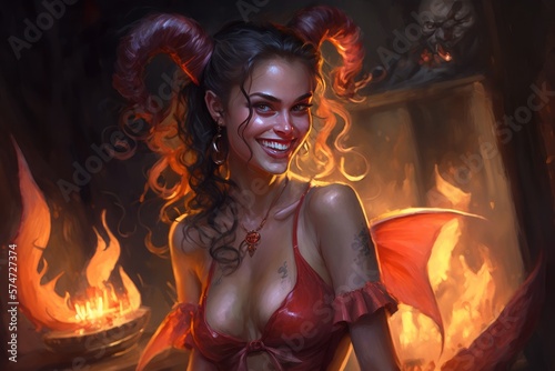 Young attractive horned devil daemon succubus brunette girl. Smile. Hellfire on the background