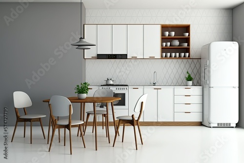Modern white and wooden kitchen with dining table and armchairs on foreground wall, interior design architecture idea, concept with copy space, blank background, illustration. Generative AI