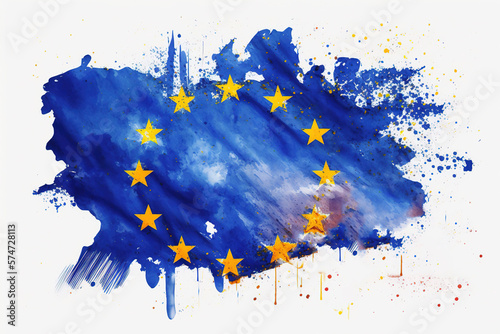 EU Flag Expressive Watercolor Painted With an Explosion of Color, Movement and Artistic Flair, generative ai