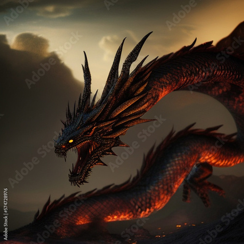 generative AI Fire Dragon in the Mountains  realistic dragon 3d  3d dragon realistic  myth dragon monster  monster dragon  mythology monster  mythology animal  Legend of the Fire Dragon