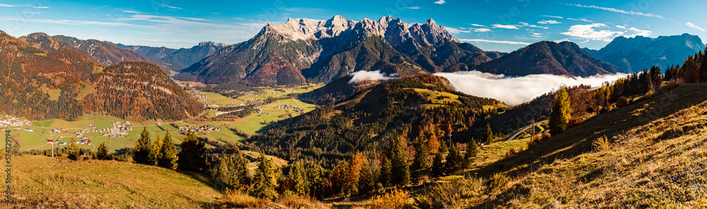 High resolution stitched alpine autumn panorama at the famous Buchensteinwand summit, St. Jakob in Haus, Tyrol, Austria