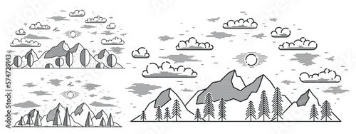 Mountain peaks and pine forest line art vector illustration isolated on white, linear illustration of mountains range wild nature landscape, outdoor hiking camping ant travel theme.