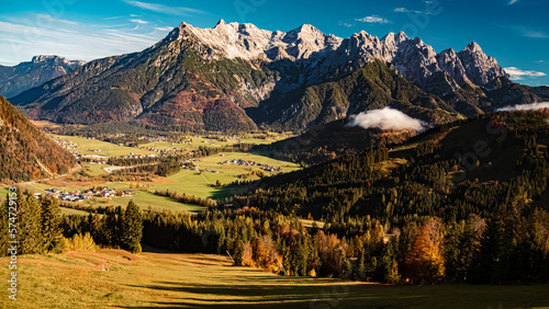 Beautiful alpine autumn or indian summer landscape view at the famous Buchensteinwand summit, St. Jakob in Haus, Tyrol, Austria photo