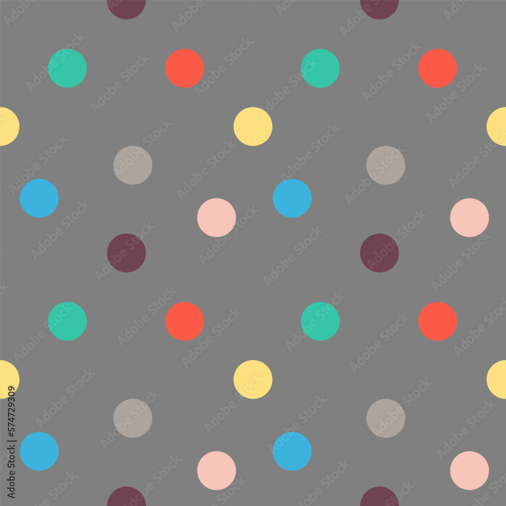 Seamless abstract geometric pattern. Simple background on grey, green, yellow, red, blue. Illustration. Circles, polka dots. Design for textile fabrics, wrapping paper, background, wallpaper, cover.