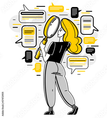 Online consultant working in support center helping and giving advices to customers, vector outline illustration, text messages in a messenger.
