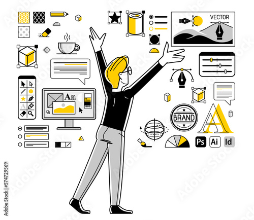 Graphic designer doing some creative job using computer software, digital visual artist working on a project vector outline illustration, composing and editing.