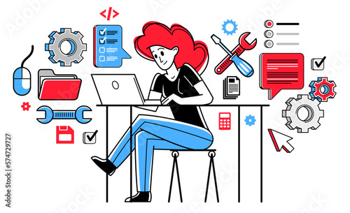 Technician computer engineer woman repairing pc vector outline illustration, fixing system work with software and hardware, system administrator.