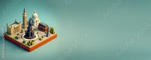 Miniature London featuring Big Ben, National Gallery, Nelson’s Column and known buildings, landmarks and streets, Isometric Metropolis city isolated on a plain background, urban concept, generative ai
