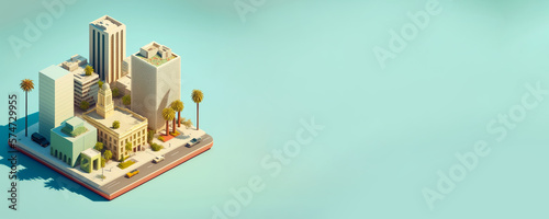 Square-shaped miniature Los Angeles featuring best known buildings, landmarks, attractions and streets, Isometric Metropolis city isolated on a plain background, urban concept, generattive ai