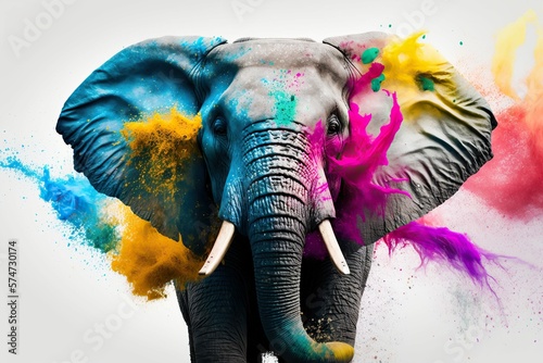 Portrait face of an elephant with holi colors paint , isolated on black, generative AI