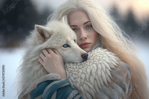 Beautiful young albino woman hugging a white wolf. Generative AI