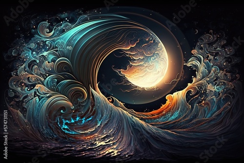 Psychic Waves, Ocean waves, Art, Surreal. Generative AI.