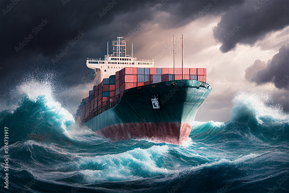 Cargo Container ship at the ocean storm and waves, supply chain ...