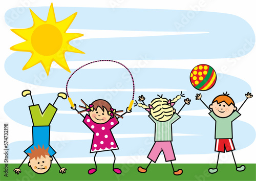 Four sports children on meadow. Boys and girls with ball and jump rope. Doing a handstand. Colour vector illustration on blue background. Sky and sun in background.