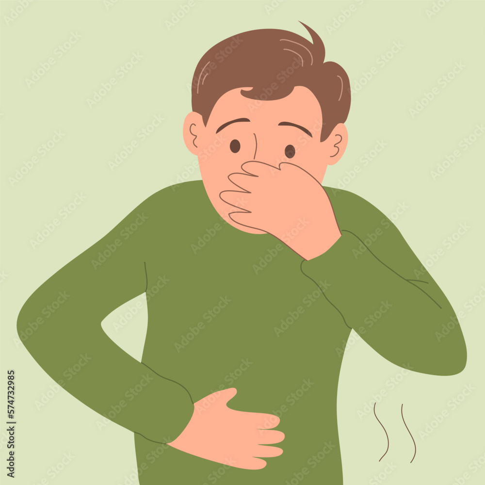 A young man suffers from nausea and abdominal pain. Vomiting and diarrhea. Symptom of the disease. The infection is bacterial. Flat vector illustration