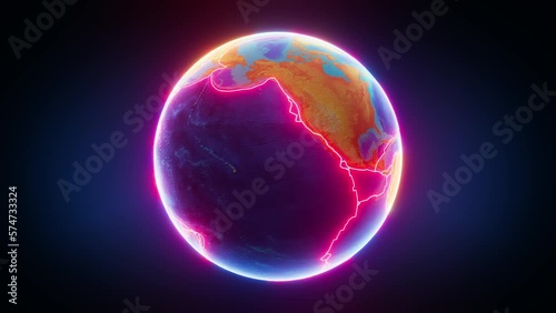 Rotating earth in 3d with tectonic plate boundaries glowing in bright red