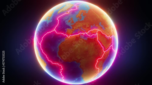 Rotating earth in 3d with tectonic plate boundaries glowing in bright red