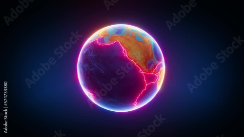 Rotating earth in 3d with tectonic plate boundaries glowing in bright red