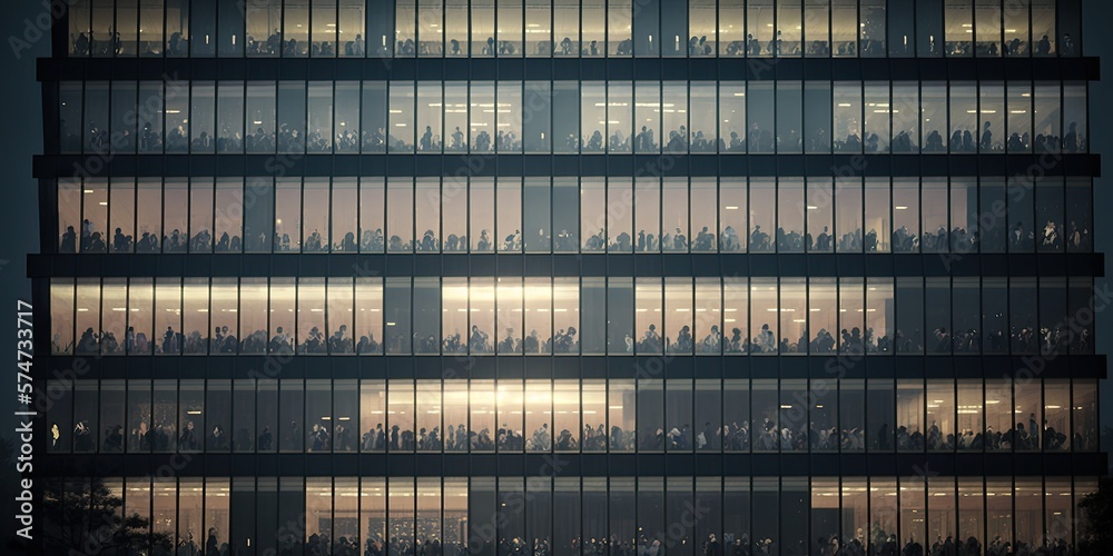 Silhouette of employees in an office building, luminous windows. Generative ai.