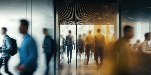 Fotografija Blurred silhouette of office employees in a blue and yellow color business building