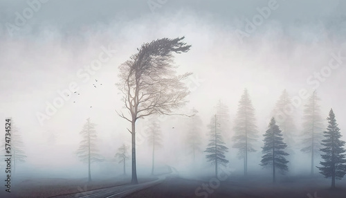 Foggy and minimalist landscape and background with grey color, beautiful park atmosphere, foggy morning in the forest, ai generated