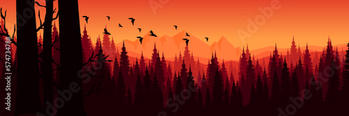 forest sunset mountain landscape illustration vector good for banner background, web background, apps background, tourism design template and adventure backdrop