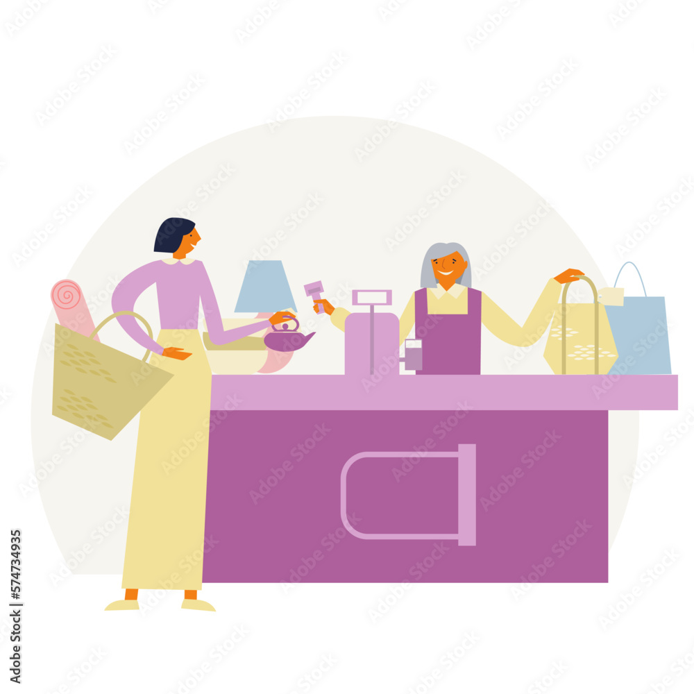 Woman near the cashier buying home decorations. Busket, vase, pot, lampHome decoration shopping process. Flat vector illustration Woman near the cashier buying home decorations. Busket, vase, pot, lampHome decoration shopping process. Flat vector illustration
