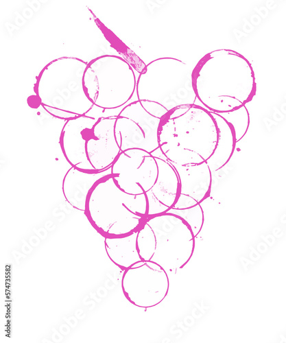 Stains from wine glasses form the shape of a bunch of grapes with a stem. Isolated on a white background.