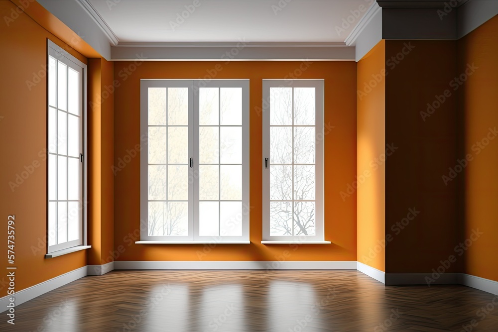 Beautiful empty interior with orange plastered walls, a large left window, and three center windows. Light Parquet with White Plinth. 8K UHD, 7680x4320 illustration. Generative AI